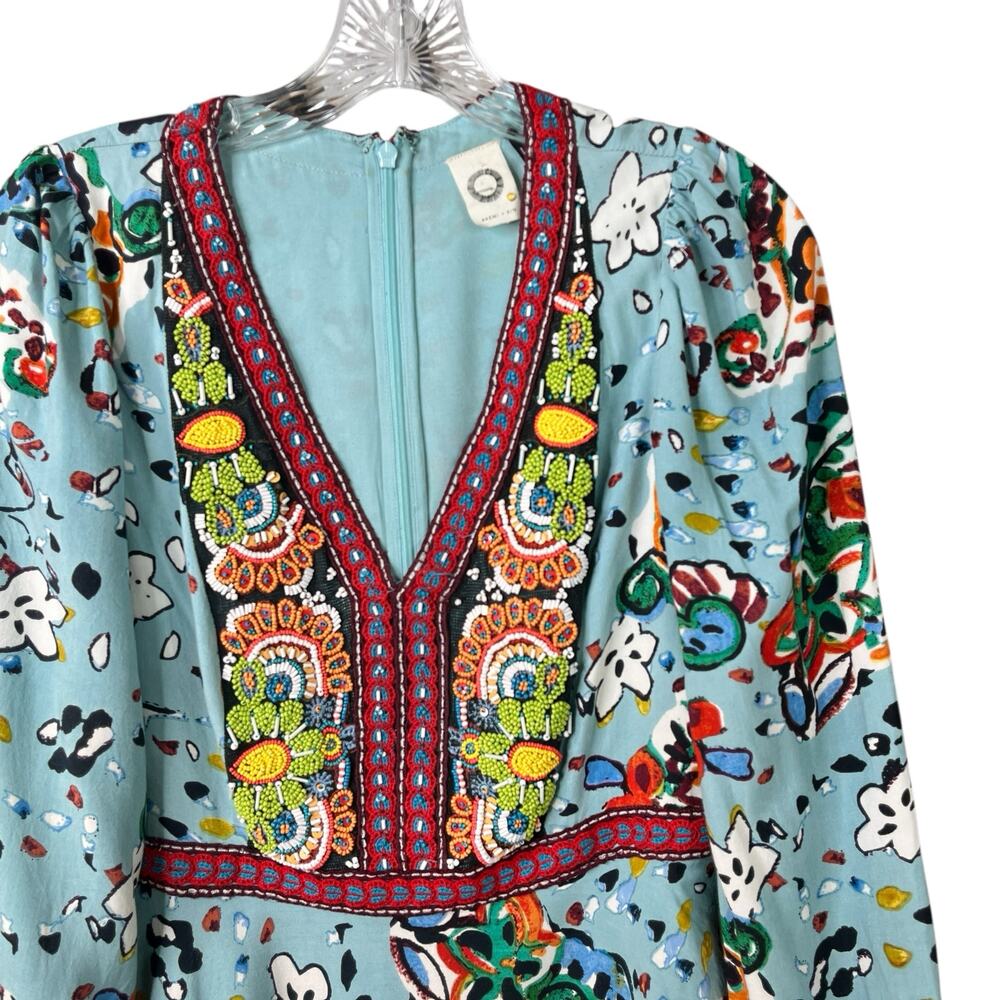 Akemi+ Kin Anthropologie Blue Fit & Flare Boho Beaded V-Neck Dress Womens SZ 8 - Picture 10 of 16